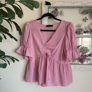 ASOS Pink V-Neck Peplum Blouse with Tie Front